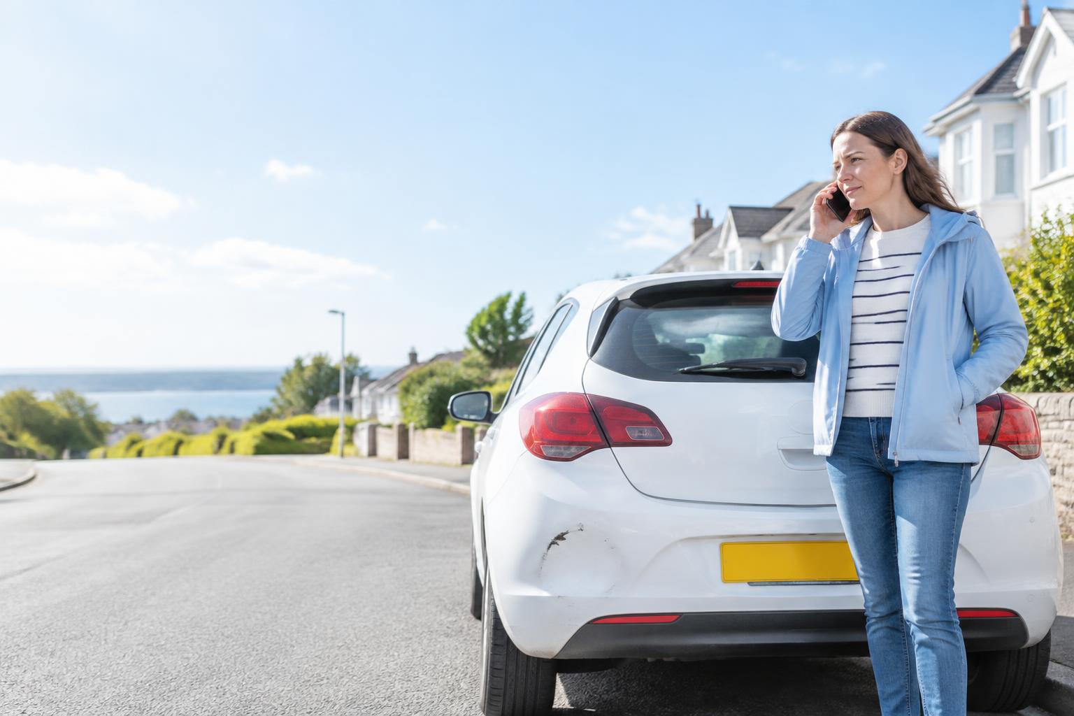 Driver on the phone beside her car after a minor rear-end collision